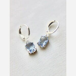 Light Sapphire Baguette Earrings – Silver Plated Huggies with Rectangle Sapphire